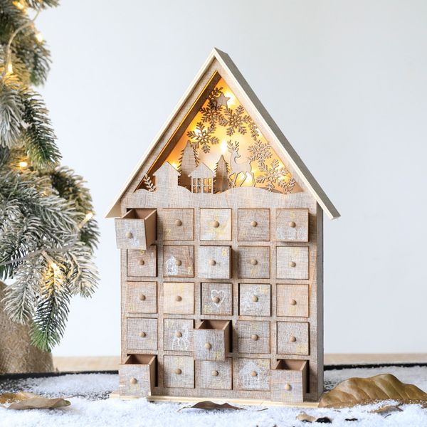 Sonstiges Event-Partyzubehör Weihnachten LED-Lichter Adventskalender aus Holz Batterie Dorfhaus Weihnachtsmann Countdown-Ornament mit Schubladen Box Jahresgeschenk 230329