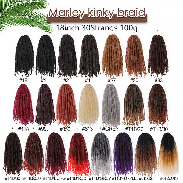 Afro Kinky Marely Braiding Hair 18 Zoll Synthetic Crochet Marley Braids Hair Extensions 30 Strähnen/Packung Natural Black Grey Ombre Marly Braid