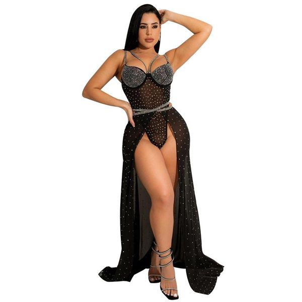 Damen Bademode Langer Rock Cover Up Set Damen mit Spaghettiträger Bodysuit Zweiteiliger Badeanzug 2023 Sommer Mesh Durchsichtig Beach UpDamen