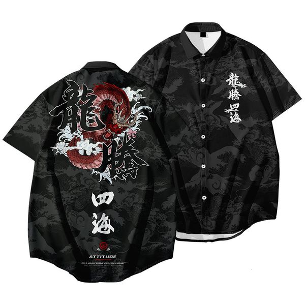 Мужские повседневные рубашки летняя мужская рубашка с коротким рукавом с коротким рукавом Harajuku Dragon Print Print Brint Blous