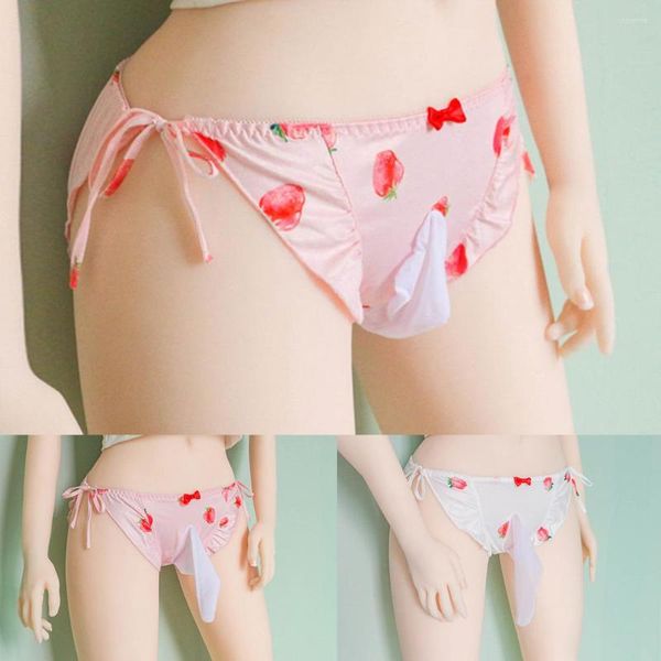 Unterhose Herren Pink Low Waist Strawberry Print Sissy Gay Pouch Panties Cute Lace Up Thong Briefs Bikini Male's Underwear