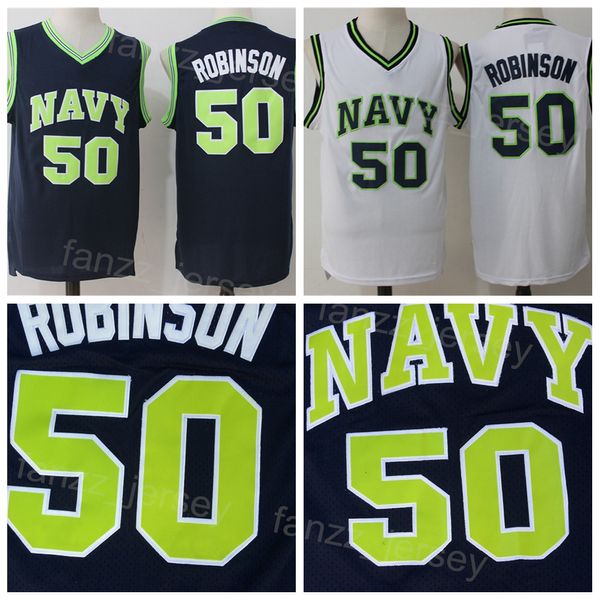 College Basketball 50 David Robinson Jersey University Naval Academy Navy Midshipmen Blu Navy Bianco Ricamo E Cucito Per Gli Appassionati Di Sport Traspirante Uomo NCAA