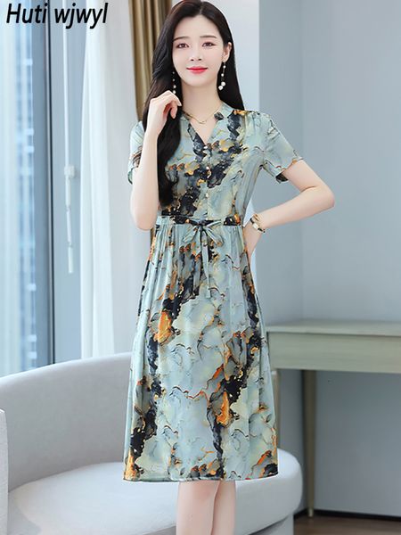 Casual Kleider Frühling Sommer Frauen Casual Vestidos Korean Elegant Fashion Figurbetontes Abendkleid Print Vintage Kurzarm V-Ausschnitt Midikleid 230329