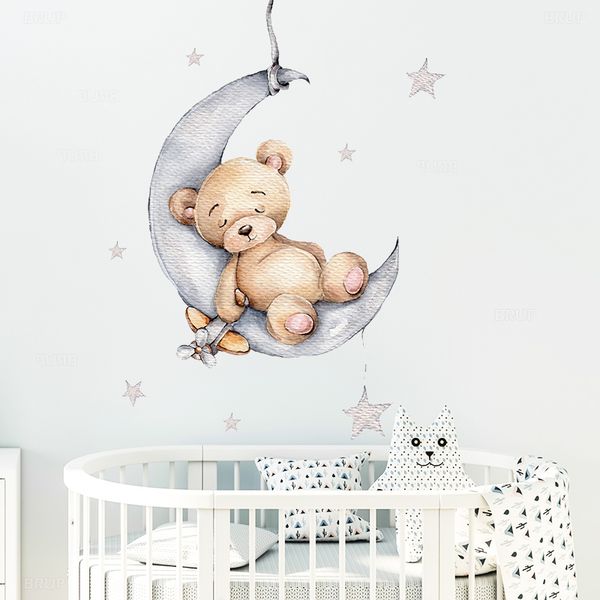 Wandaufkleber Cartoon Teddybär Schlafend auf dem Mond und Sterne Wandaufkleber für Kinderzimmer Babyzimmer Dekoration Wandtattoos Zimmereinrichtung 230329