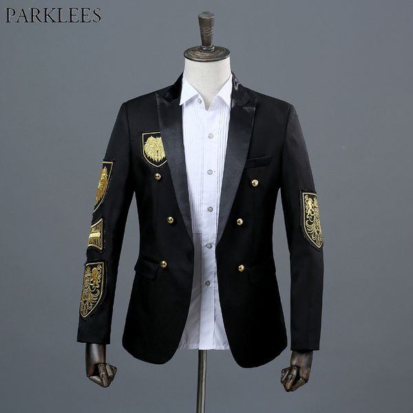 Abiti da uomo Blazer Medaglia d'oro Ricamo Giacca da uomo nera Giacca da uomo doppio petto Giacca militare da uomo Stage Prom Show Cantante Costume Homme Xxl 230329