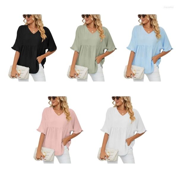 Damen Blusen Frauen Ausgestellte Halbarm Fließende Tunika Shirts Lässig Lose V-Ausschnitt Einfarbig Rüschen Saum Chiffon Schößchen Top