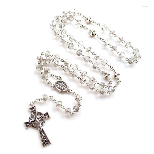 Colares pendentes QIGO Grey Crystal Rosário Colar Vintage Jesus Cruz Jóias de Oração Religiosa