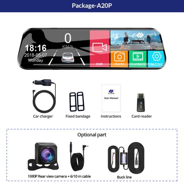 E-ACE Videoregistratore a specchio per auto DVR da 10 pollici 1080P Touch Screen Dashcam per auto AHD Lens Streaming Registratore di guida Dash Camera