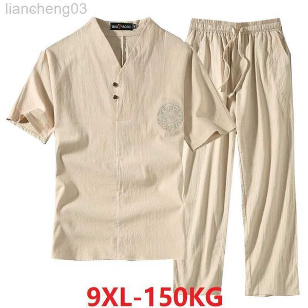 Herren Trainingsanzüge Herrenbekleidung Große Größe Trainingsanzug Ehemann 2022 Sommeranzug Leinen T-Shirt Mode Herren Set im chinesischen Stil 8XL 9XL plus Zweiteiler W0329