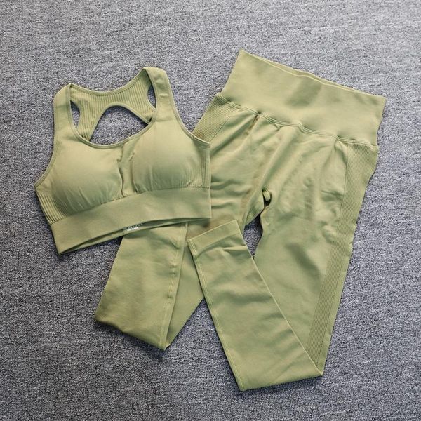 Set attivi ABS LO LI Set da yoga Allenamento sportivo Completo da donna 2 pezzi Reggiseno sportivo aperto sul retro Scrunch Vita alta Leggings senza cuciture Palestra