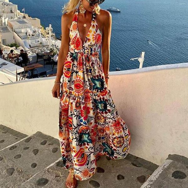 Lässige Kleider 2023 Robe Boho Hippie Maxi lockeres böhmisches Blumenkleid langes Sommer-Strand-Swing-Sommerkleid