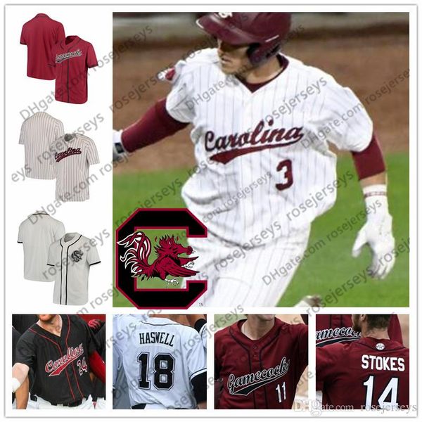 Baseball Custom Gamecocks #2 Noah Campbell 3 Brady Allen 5 TJ Hopkins 11 Andrew Eyster 41 Cole Ganopulos Weiß Rot Schwarz Baseball Jersey