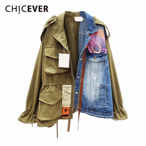 Jaquetas masculinas chicever musim semi gugu kualitas tinggi kerah lengan panjang palsu dua potong jeans retchwork mantol wanita jaket 230328