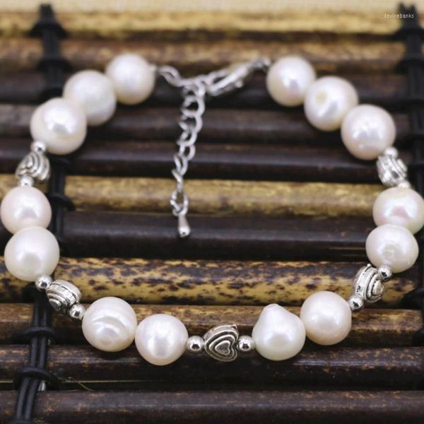 Strand Natural 9-10mm White Pearl Beads Brangelet Bangle for Women Silver-Color Spacers Factory Outlet Jóias 7.5 polegadas B3094