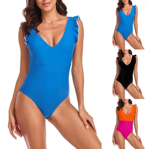 Costumi da bagno da donna Maniche volanti con volant da donna Costume da bagno sexy con scollo a V profondo Pantaloncini da yoga Top bikini blu Grasso