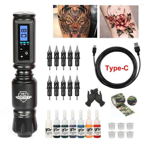 Tattoo Guns Kits Professionelles Rotary-Maschinen-Kit komplett mit Power Battery Needles Cartridge Supply Rocket Mini Gun