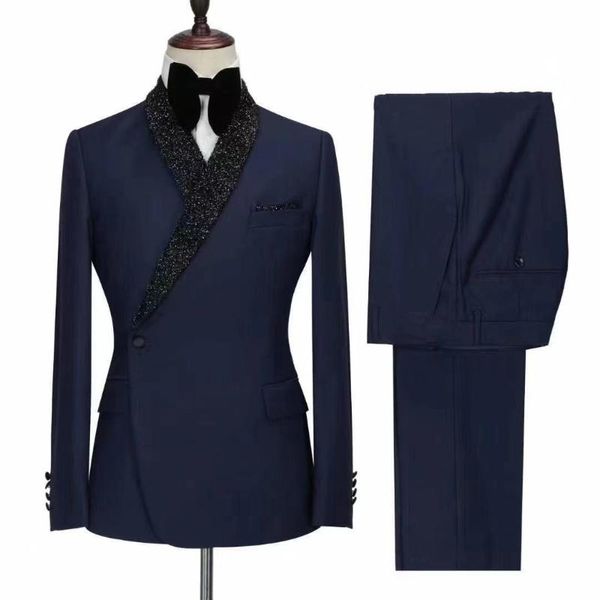 Ternos masculinos Blazers Casamento formal azul marinho personalizado para homens Moda 2 peças Lapel brilhante Smok Fit Groom Groom Tuxedos Man Suit Prom Blazer Busin