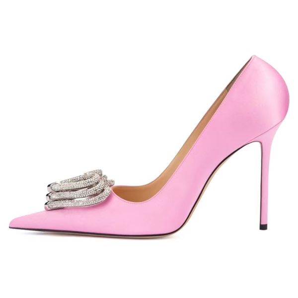 Mach dreifach Herz Satin Pumpe Schuhe Patent Lederkristall verschönerte Kleidungsschuhe Denim Frauen Stiletto Heel Abendschuhe Designer Cleo Crystal Pink Wedding Shoes Schuhe
