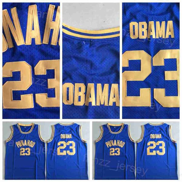 Punahou Basket High School 23 Barack Obama Maglie Camicia College Tutte le cuciture Squadra Colore Blu Per gli appassionati di sport Università Traspirante Puro cotone Saldi Uomo NCAA