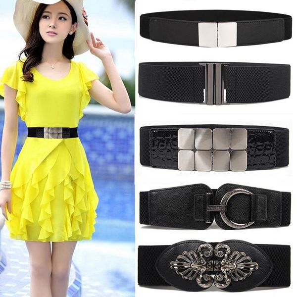 Cinture Cummerbund per le donne Cummerbunds di alta qualità Ladies Black Wide Strap Silver Buckle Elastic Band Fashion Waistband DressCinture