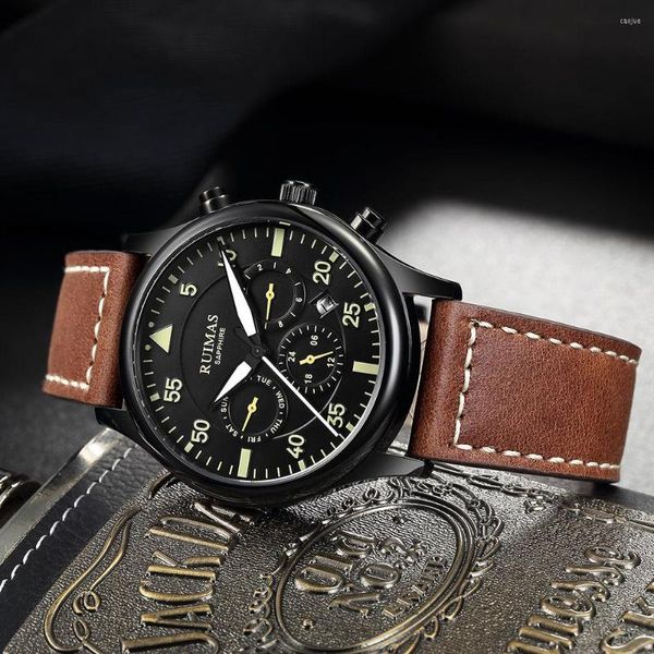 Armbanduhren RUIMAS Automatische Mechanische Uhr Männer Mode Echtes Lederband Business Uhren Männliche Uhr Erkek Kol Saati