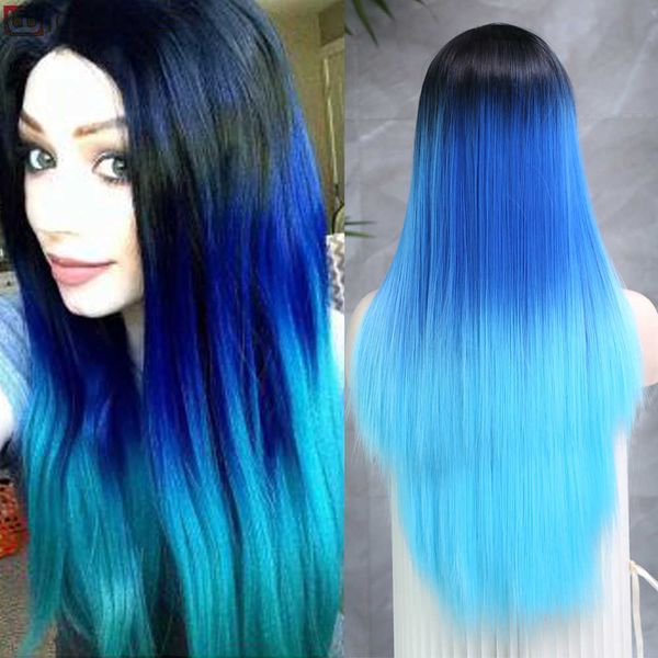 Perucas sintéticas wiglee peruca reta sintina longa cabelo resistente a calor parte média azul preto s para mulheres cosplay rosa ombre roxo 230227