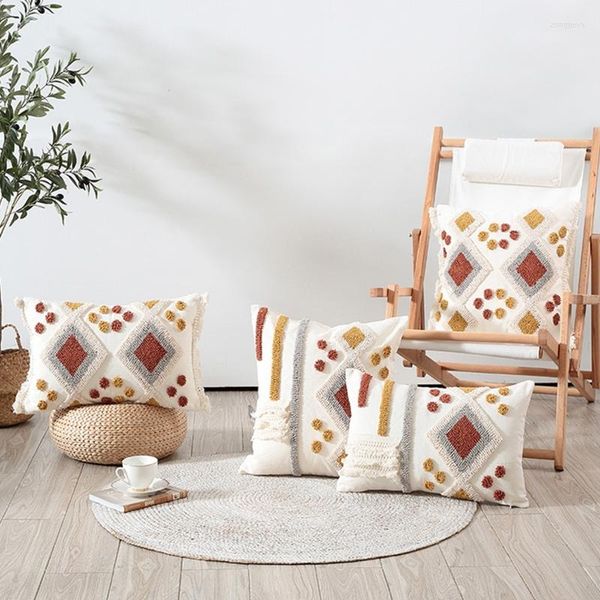 Federa per cuscino Federa ricamata trapuntata bohémien con nappe Patchwork con motivo geometrico a strisce di diamanti Copertura decorativa per la stanza di casa