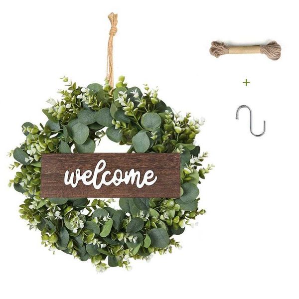 Flores decorativas grinaldas eucalipto verde com signo de boas -vindas Greante artificial da primavera para a decoração da parede da porta da frente P230310