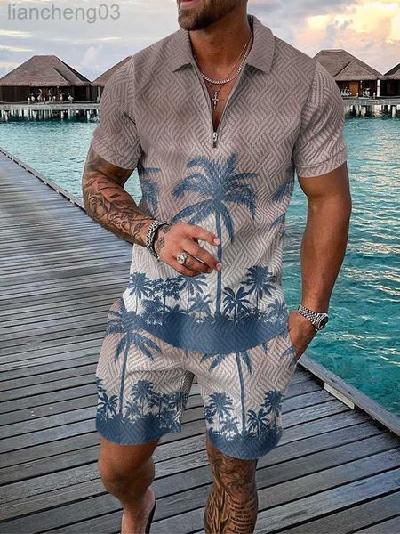 Tute da uomo Tuta da uomo Casual Estate Manica corta Polo e pantaloncini Completo due pezzi Abbigliamento maschile Spiaggia Coconut Tree Abbigliamento Uomo W0329