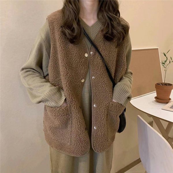 Gilet da donna Canotta senza maniche in cashmere Prepara canotta marrone allentata Abbigliamento donna autunno Cappotto super caldo retrò 230329