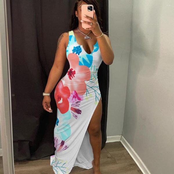 Vestidos casuais elegantes, decote em V Women Women Dress Dress Flor Sexy estampada High Slit Bodycon Long Birthday Party Beach