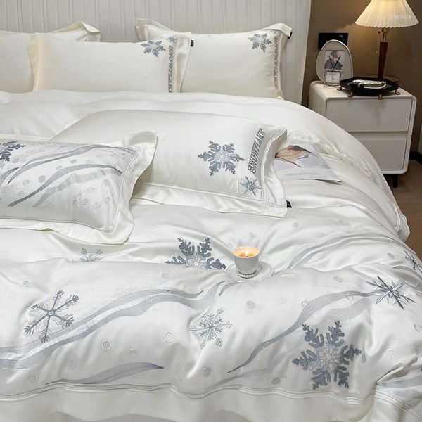 Bedding Sets Luxury 600TC Eucalyptus lyocell Soft Soft Snowflake Bordado de bordado liso Tampa de edredão montada/lençol plano fronhas