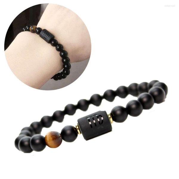 Bracciale da uomo Strand Dodici costellazioni Perlina elastica in agata nera naturale per gioielli da uomo con ciondoli da donna Regalo per coppia maschile