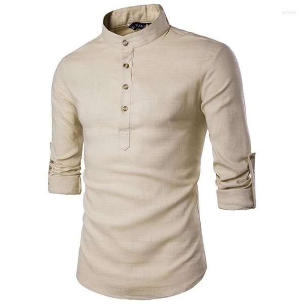 Herren Freizeithemden Herbst Schöne Herren Leinenhemd Langarm Solide Stehkragen Camisas Masculinas Morgenübungskleidung