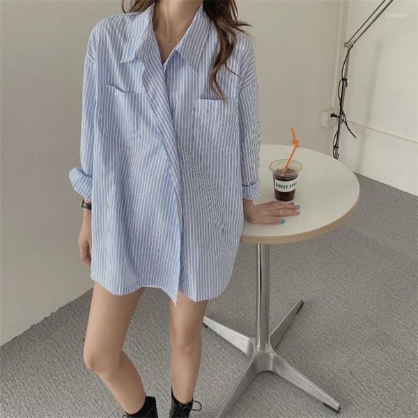 Damen Blusen Korean Fashion Casual Gestreiftes Hemd Herbst Lose Boyfriend Style Lange Shirts Streetwear Designer Tops Frauen Blusa Mujer