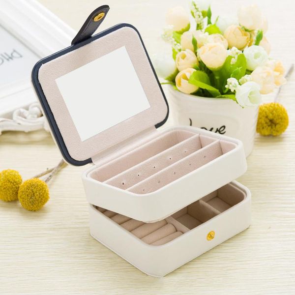 Caixas de armazenamento 1PCS PU Jewellery Box para Brincos de colar de anel duas camadas Organizador de jóias com caixas portáteis de espelho