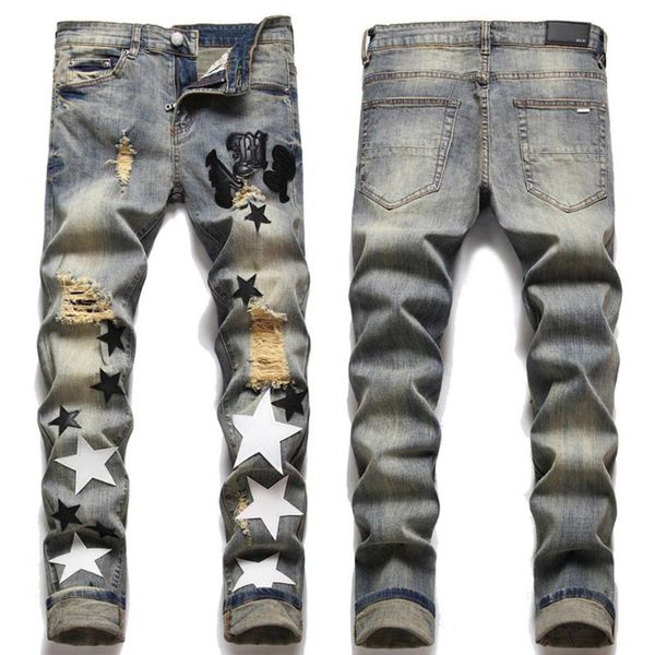 Европейский тренд, джинсы с надписью Star Jean, мужские джинсы с вышивкой в стиле пэчворк, рваные джинсы, трендовые брендовые мотоциклетные брюки, мужские узкие джинсы 560