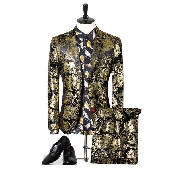 Herrenanzüge Hochzeit Bräutigam Groomsman Anzug Kleid Schwarz Gold Blume Mode Schlank Bühnenkostüm Jacke Hose Zweiteiliger Blazer