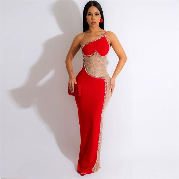 2024 NUOVO Designer Sexy Mesh Sheer Strass Maxi Abiti Donna Vedere attraverso Diamanti di lusso Abito da sera Party Night Clubwear Abiti all'ingrosso 9604