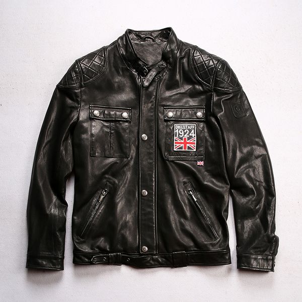 Giacca da caccia in pelle da uomo stile Beckham con colletto rialzato, multitasche, giacca in pelle di pecora da moto, bandiera dell'Inghilterra del 1924