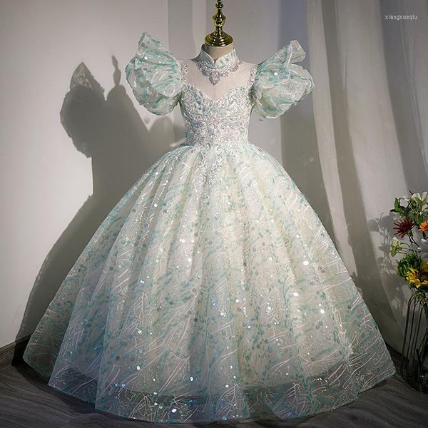 Mädchenkleider Exquisites Hochzeitsblumenkleid Hellgrüne Puffärmel Stehkragen A-Linie Ballkleid für Kinder Kinderfestzug Vestidos
