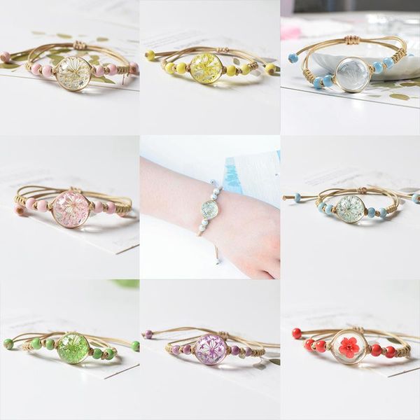 Braccialetti con ciondoli Moda primaverile Dente di leone essiccato Ceramica fatta a mano Regali per ragazze di fiori Gioielli in tessuto naturale