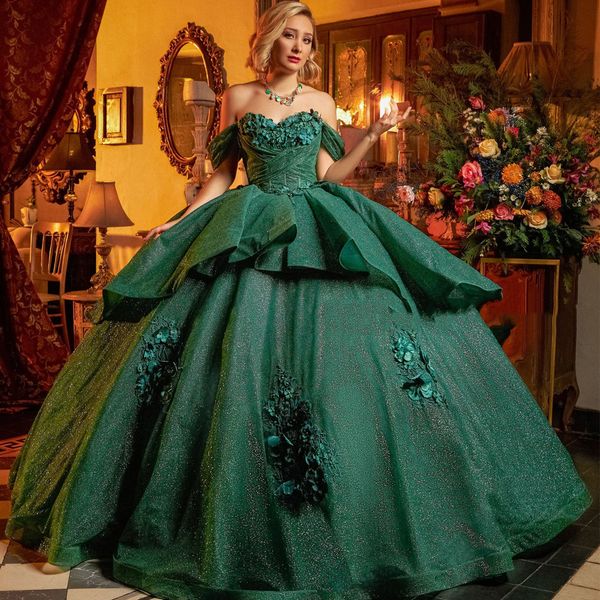 Funkelnde grüne Quinceanera-Kleider für Junior-Ballkleid 3D-Blumen-Bonbon-16-Geburtstags-Kleid Puffy Mexican vestidos de 15 anos