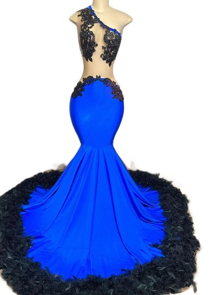 2023 Árabe Aso Ebi Blue Mermaid Prom Dress Dress Lace Feather Evening Festa formal Festa de segunda recepção Vestidos de noivado de aniversário Robe de soiree