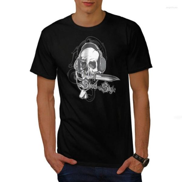 Herren T-Shirts Mode Sommer Herren Rundhals T-Shirt Lässige Baumwolle KurzarmWellcoda Musik Kopfhörer Schädel T-Shirt DJ Grafikdesign Pri