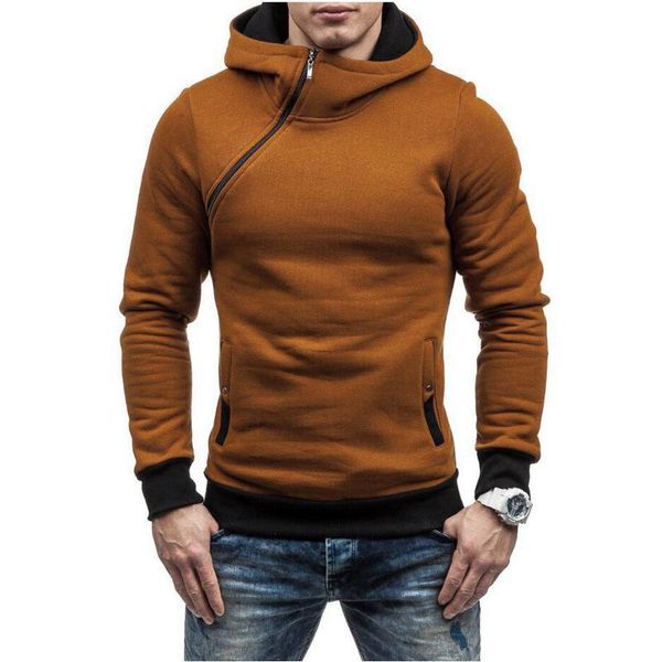 Moletons com capuz masculinos primavera outono masculino com capuz cor sólida personalidade diagonal zíper jaqueta esportiva casual couro moda esportiva