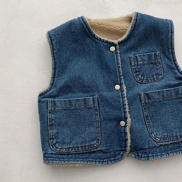 Weste Korean Blau Baby Denim Westen Winter Fleece Kinder Denim Ärmellose Jacke Jungen Weste Einfarbig Casual Mädchen Wasitcoat Tops 230329