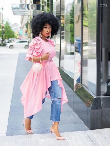 Damen Blusen Hemden Damen Oberteile Kurze Ärmel Plissee Unregelmäßige Länge Lässige Mode O Hals Sommer Afrikanische Frau Frühling Rosa Weiß Wal