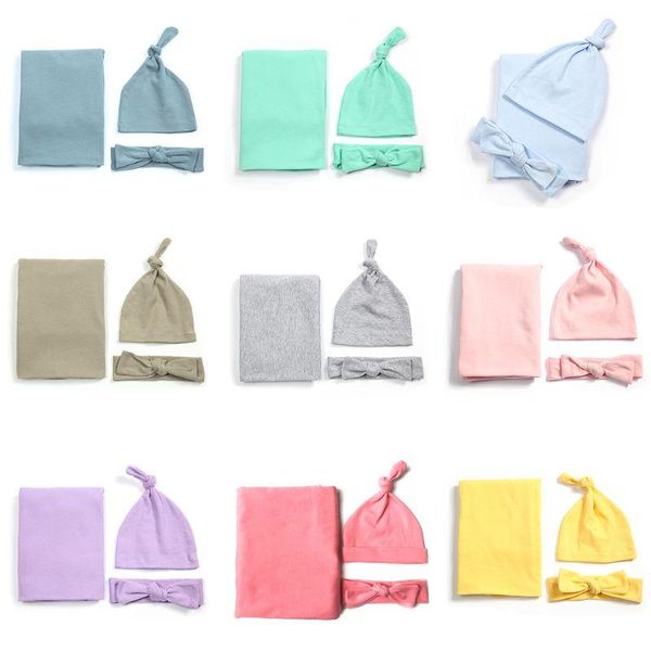 Coperte Fasce 3 pz/set Neonati Regali per la doccia Coperta per bambini in cotone Cappello Fascia per capelli Set Born Swaddle Asciugamano Fiocco-Nodo Copricapo 3XUC