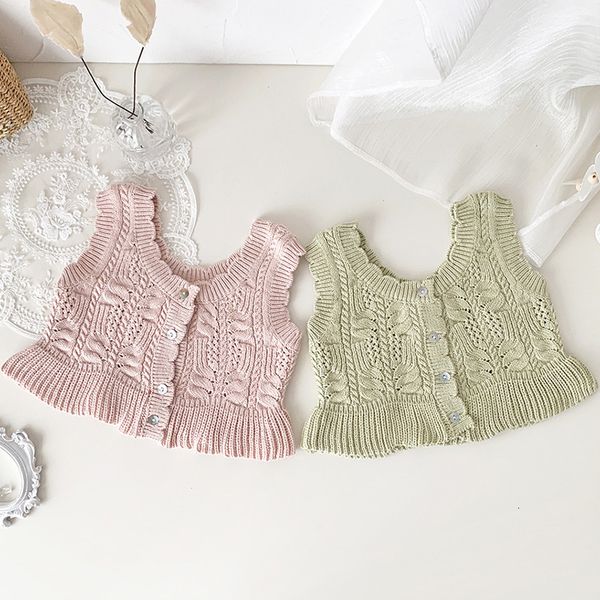 Coloque garotas de malha coletes de malha na primavera de estilo coreano dianteiro e traseiro Cardigan do cardigan de crianças com coletes de salgadinhos de salão de cintura 230329